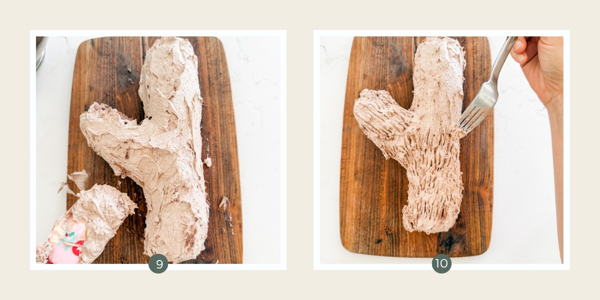 Spreading chocolate cream on a log shape to form a chocolate ripple log.