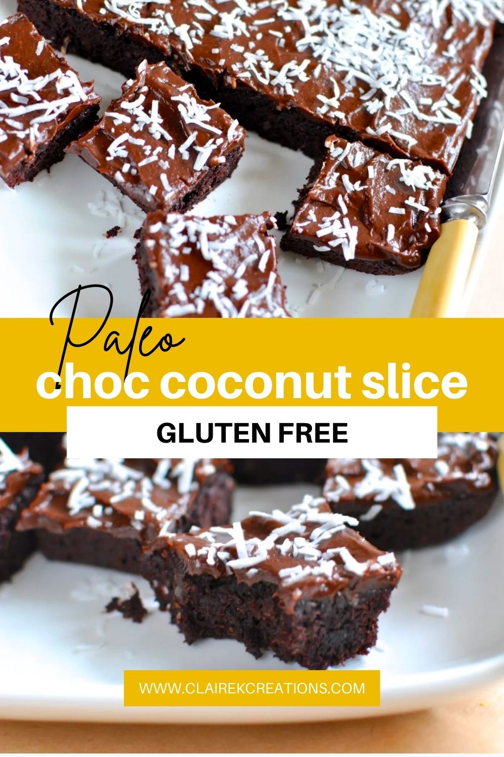 Paleo chocolate coconut slice - gluten-free, egg-free with chocolate fudge icing