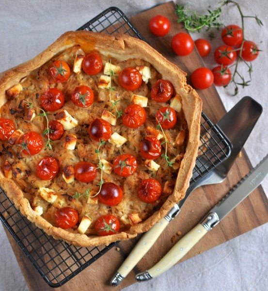 Caramelised onion, tomato & feta tart