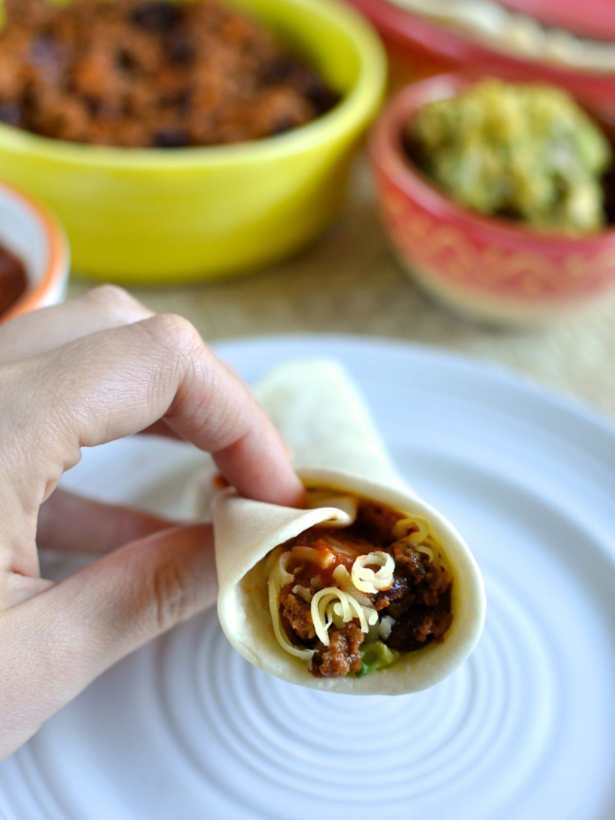 Beef burrito mince in tortilla.