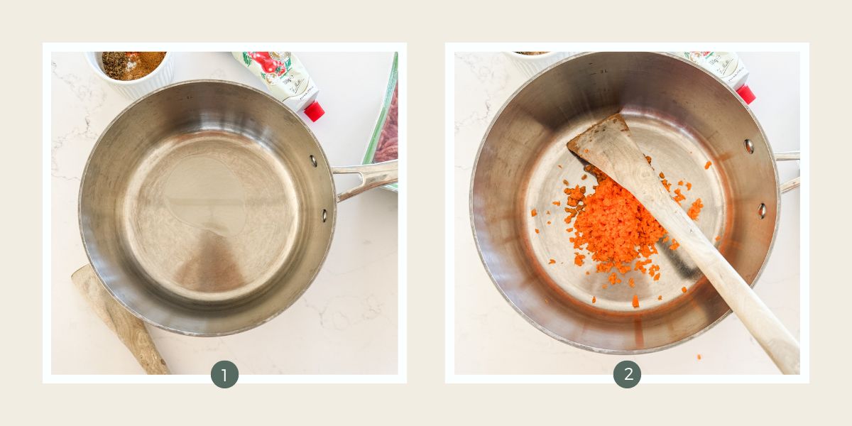 Olive oil in stainless steel saucepan and with finely chopped carrot inside.