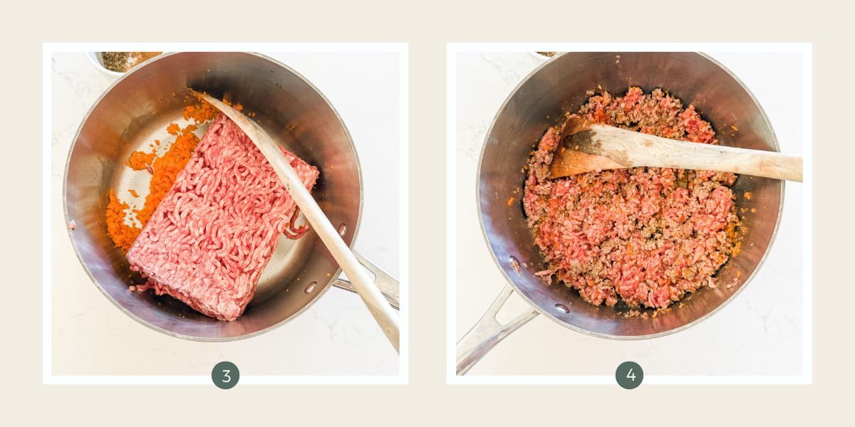 Beef mince on top of diced carrot in stainless steel saucepan.