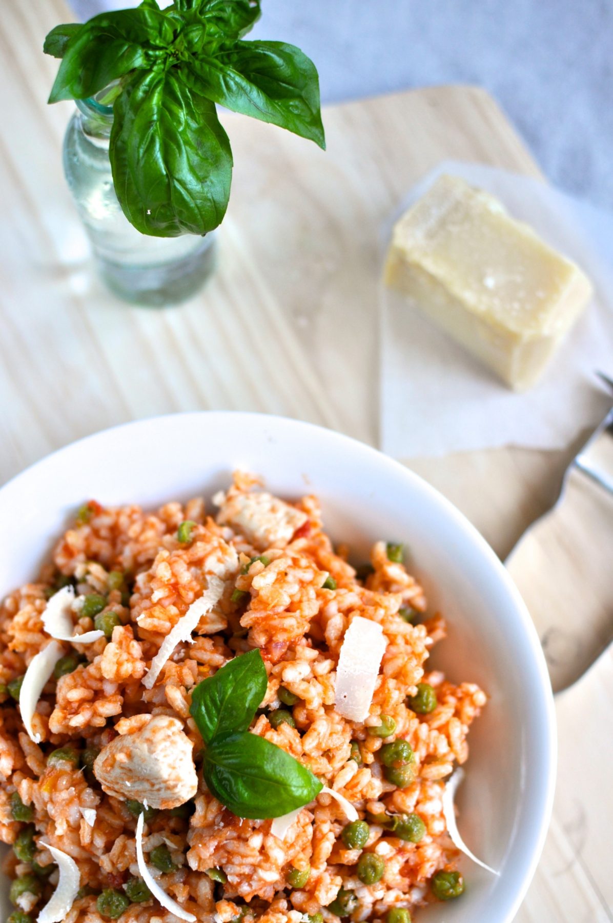 Tomato chicken risotto with basil (simple midweek dinner)