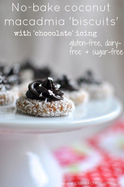 No-bake coconut macadamia biscuits with chocolate icing