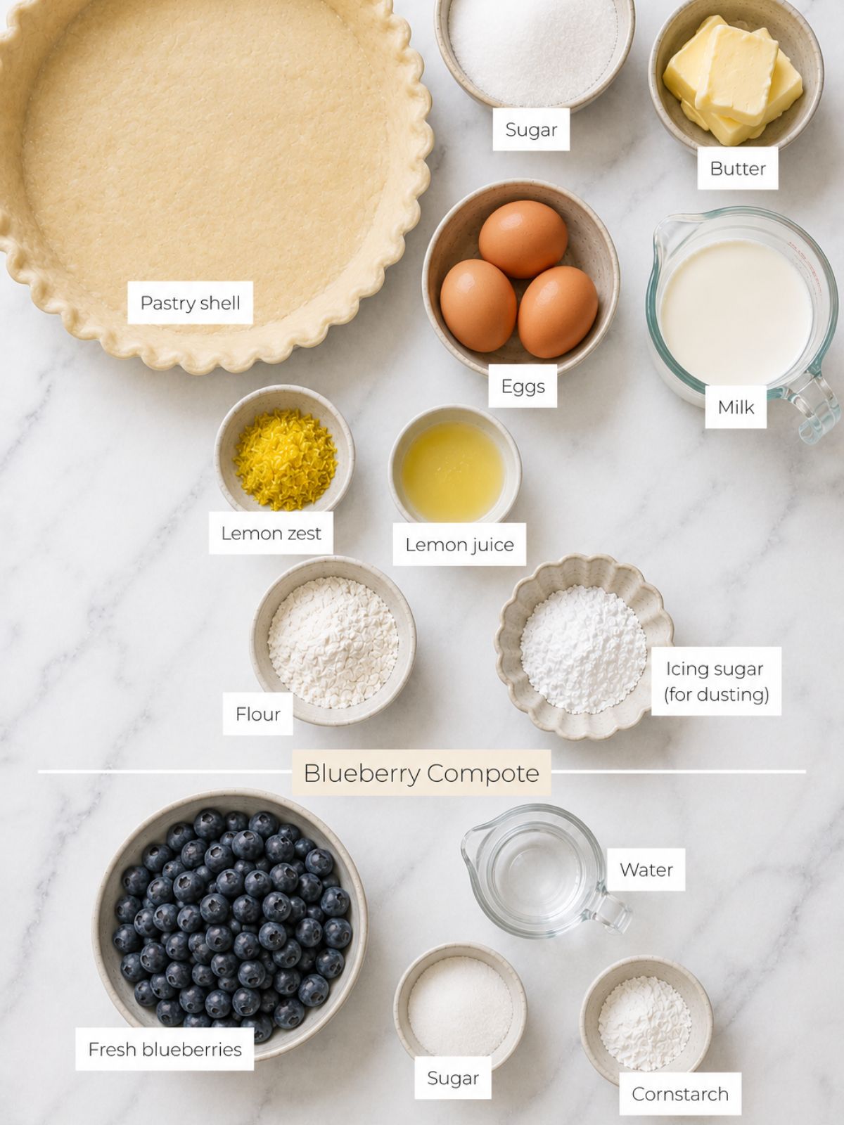 Ingredients in Lemon pie cake with blueberry compote - bowl of sugar, lemon juice, eggs, blueberries & other ingredients and a raw pastry shell. 