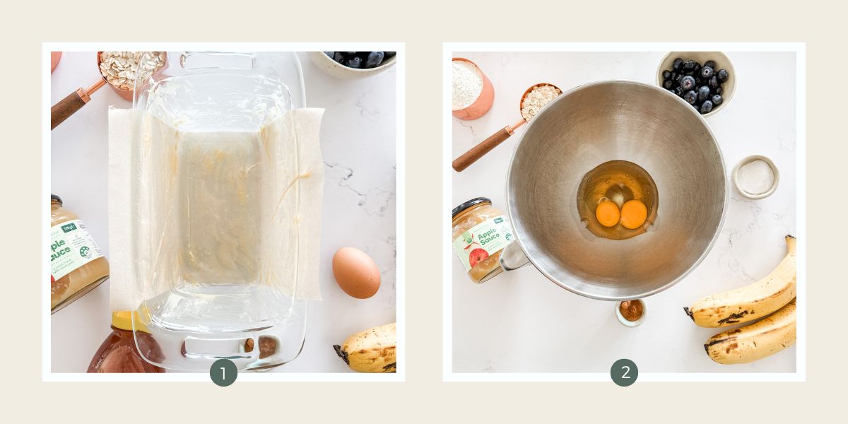 Glass loaf baking tin lined with baking paper and stainless steel mixing bowl with eggs and honey. 