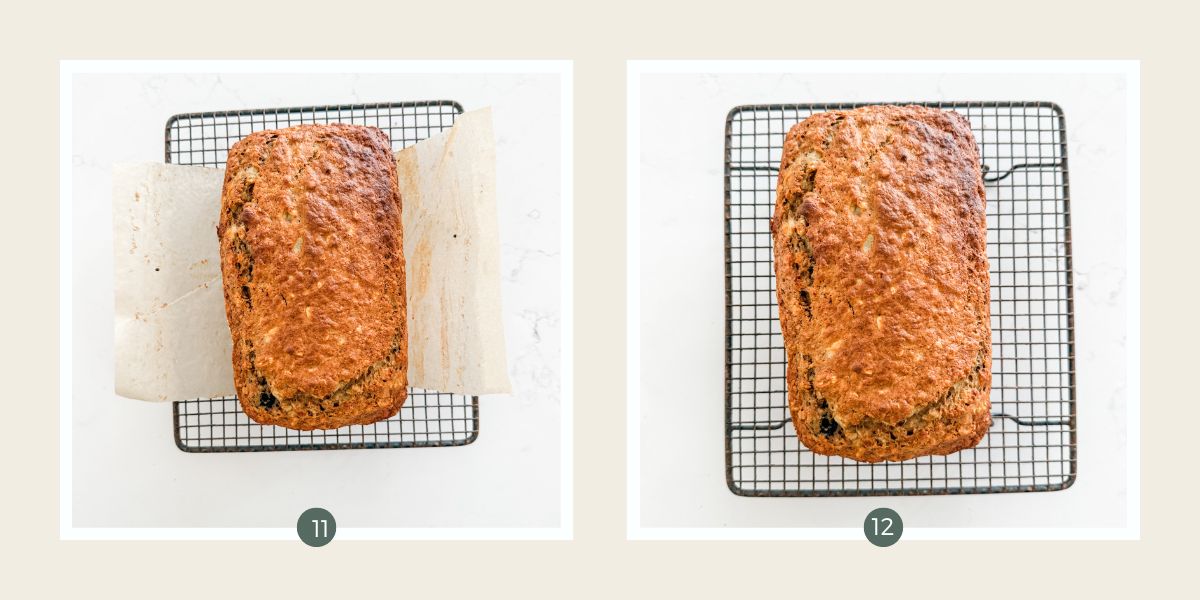 Banana bread in baking paper and on cooling rack. 