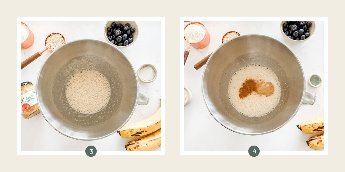 Whipped eggs and honey in a stainless steel mixing bowl and with spices added. 