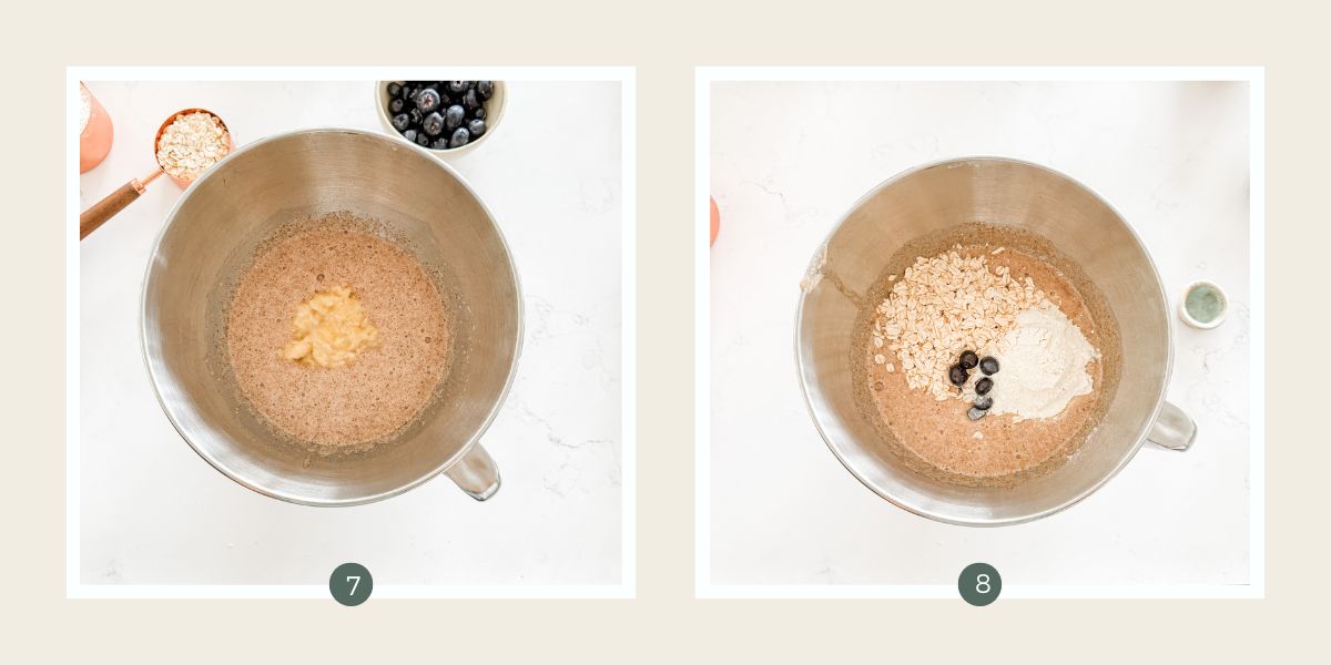Mashed banana added to beaten eggs in stainless steel mixing bowl & with flour, oats and blueberries added. 