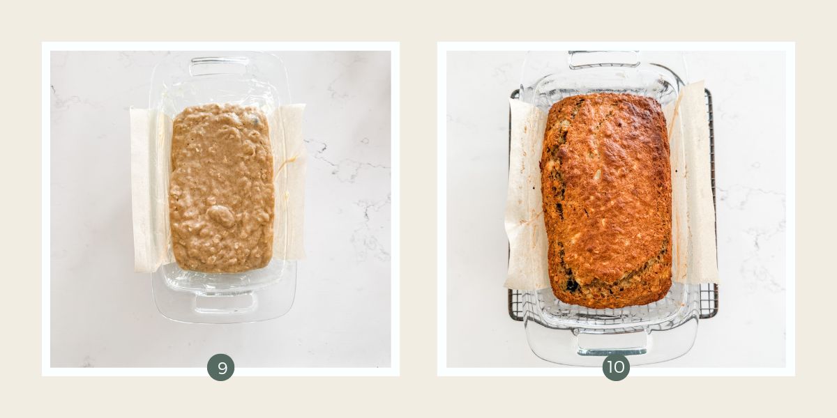Banana bread batter in a glass loaf tin and after baking. 