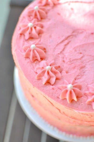 White chocolate mud cake with raspberry buttercream icing