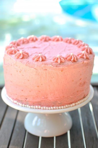 White chocolate mud cake with raspberry buttercream icing
