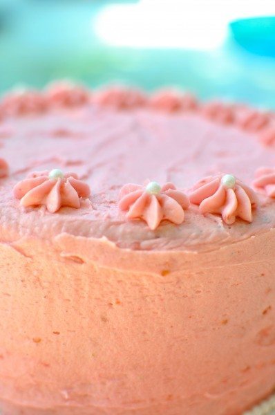 White chocolate mud cake with raspberry buttercream icing