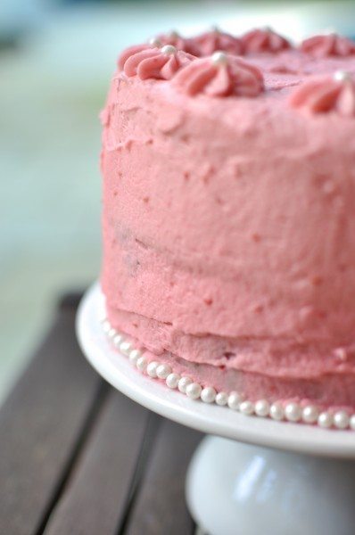 White chocolate mud cake with raspberry buttercream icing