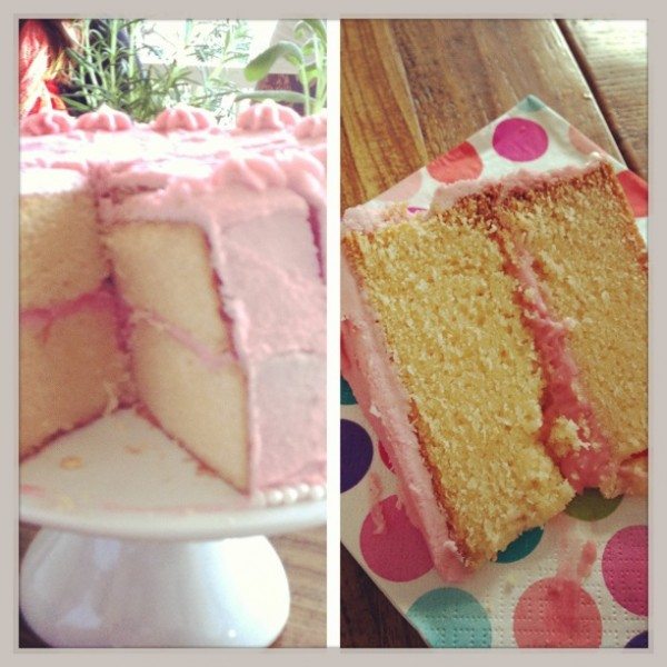 White chocolate mud cake with raspberry buttercream icing