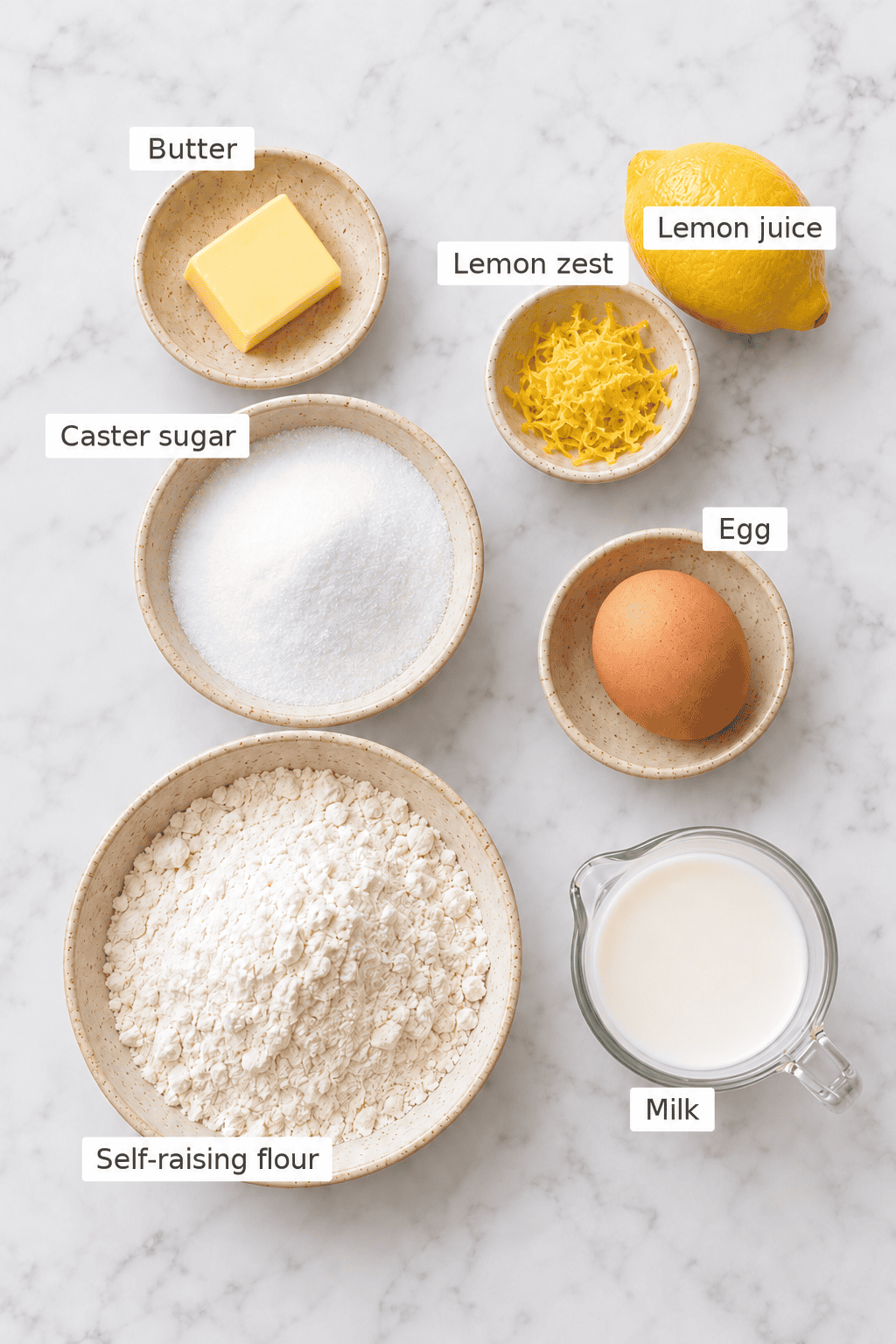 Bowl of butter, sugar, flour, lemon zest and an egg to make lemon tea cake