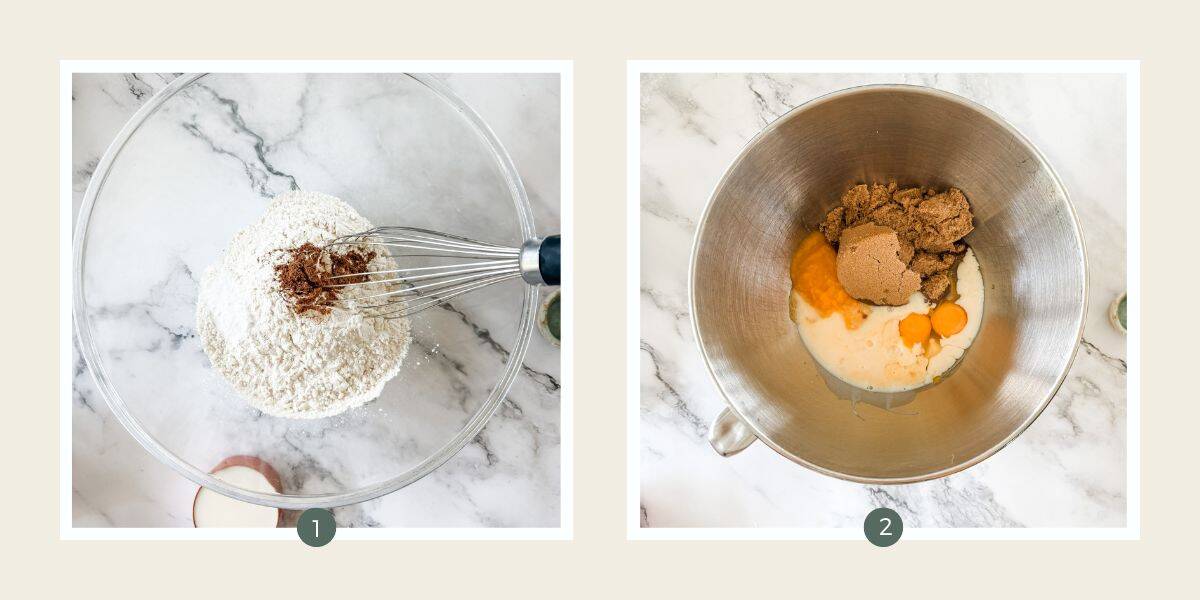Step 1 & 2 Making Pumpkin Bread With Cream Cheese Icing - Whisk dry ingredients & combining wet ingredients in mixing bowl - Bowl with flour & spices and whisk. 