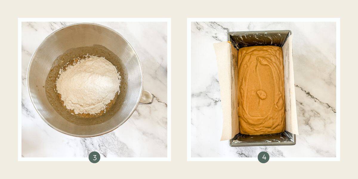 Gingerbread loaf cake ingredients in bowl coated with flour. Cake better in loaf tin. 