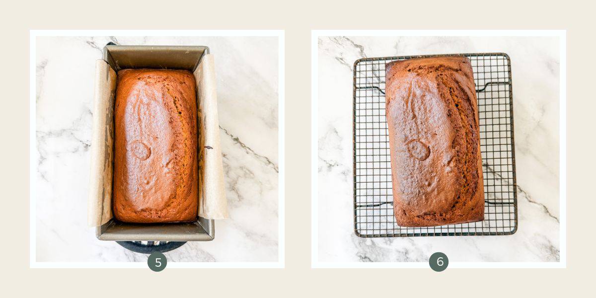 Gingerbread loaf cake in tin and on wire rack. 