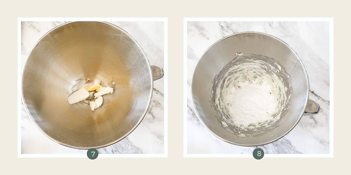 Step 7 & 8 Making Pumpkin Bread With Cream Cheese Icing - Whipping butter & cream cheese & adding icing sugar - in silver mixing bowl. 