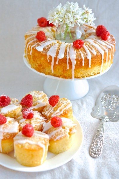 Vanilla almond cake with lemon drizzle and raspberries