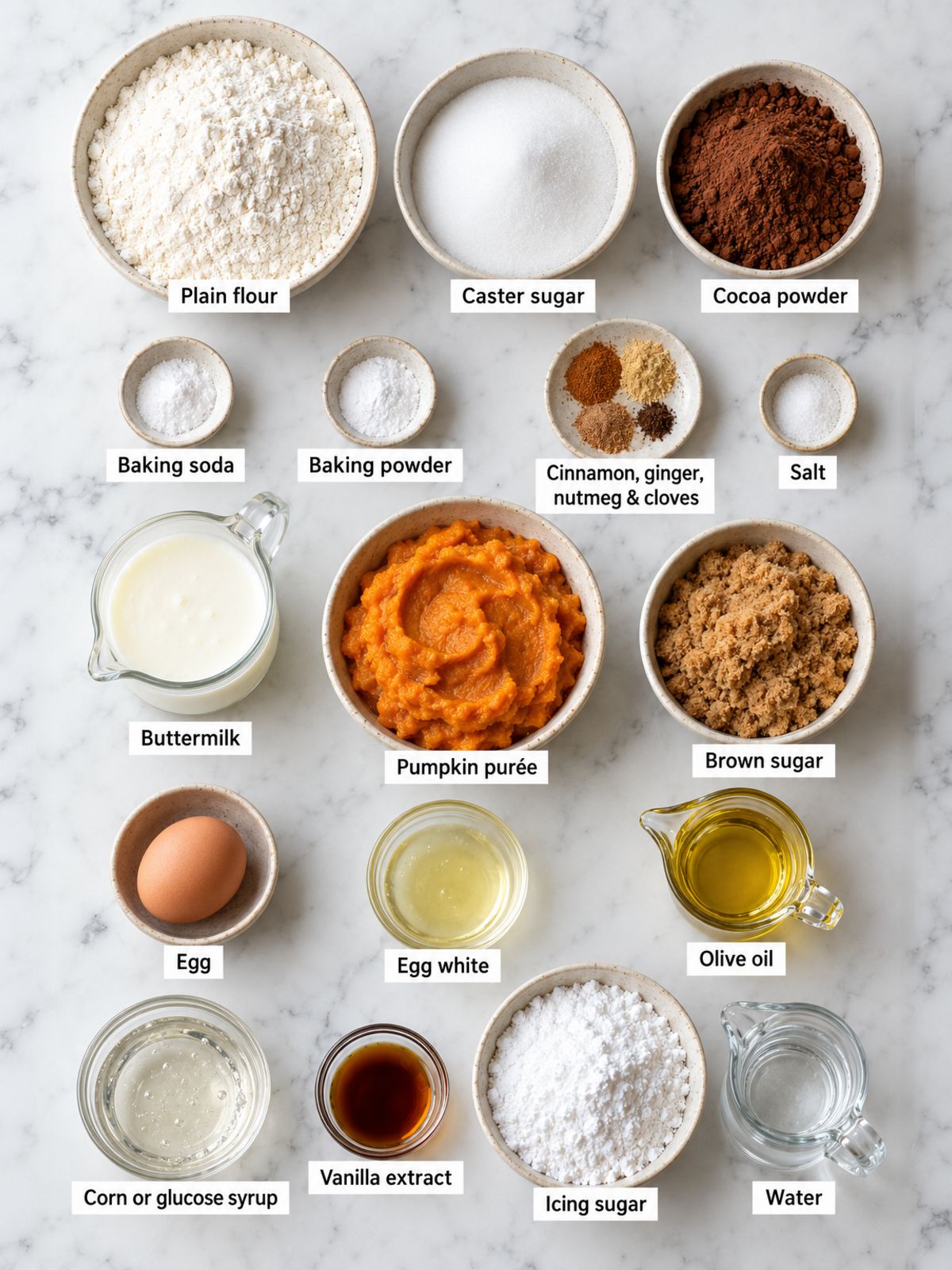 Ingredients for chocolate spiced pumpkin Bundt cake and drizzle, labelled and arranged on white marble.