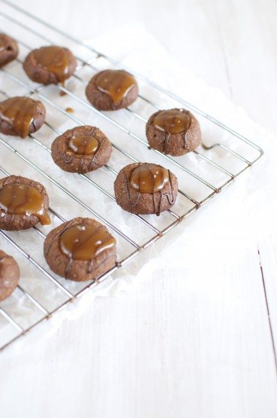 Chocolate salted caramel thumbprints via www.clairekcreations.com