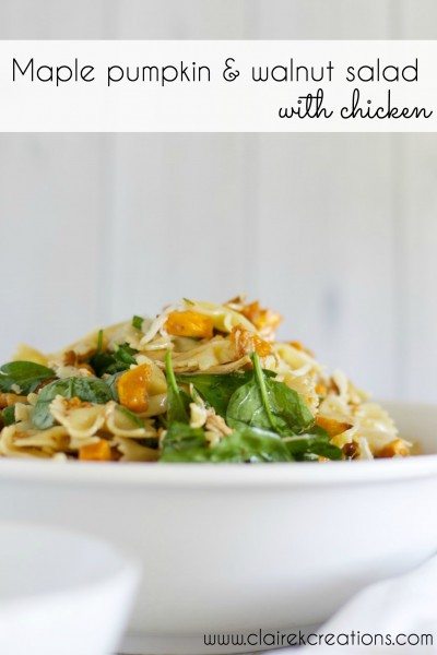 Maple pumpkin and walnut pasta salad with chicken via www.clairekcreations.com