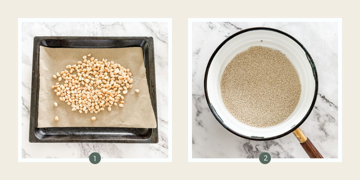 Macadamia nuts on a lined baking tray and sesame seeds in a copper frying pan to toast for making macadamia dukkah.