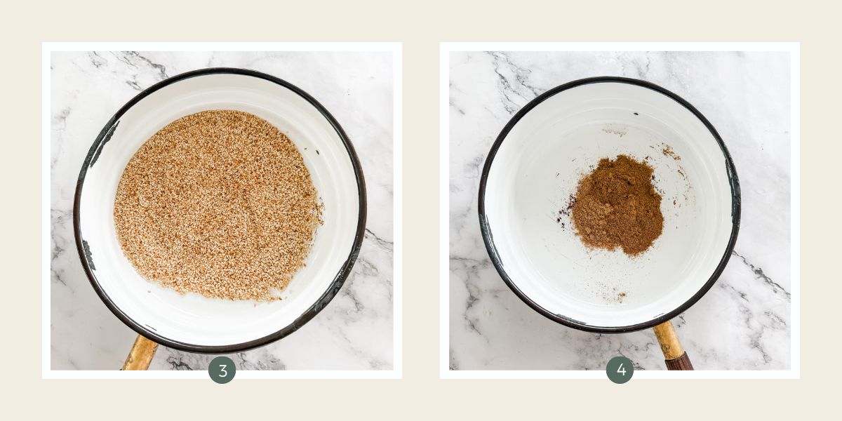 Toasted sesame seeds in a copper frying pan and spices toasting in a copper frying pan to make macadamia dukkah.