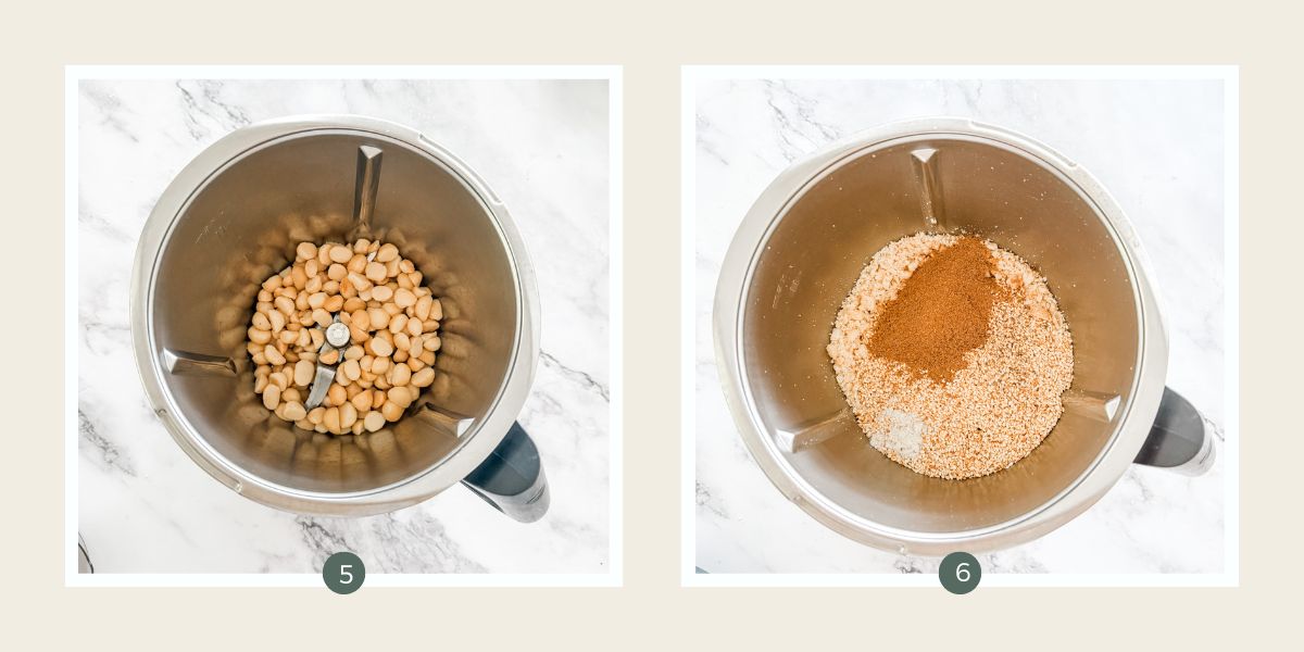 Macadamia nuts in a Thermomix bowl and then chopped up with sesame seeds and spices in to make Thermomix Macadamia Dukkah.