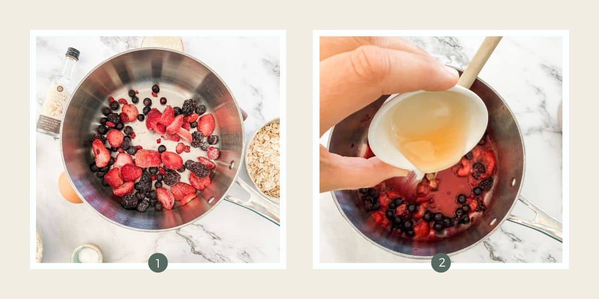 Saucepan with frozen berries. Saucepan with softened berries and honey added.