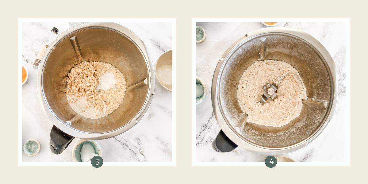 Whizzing flour and oats in a Thermomix bowl.