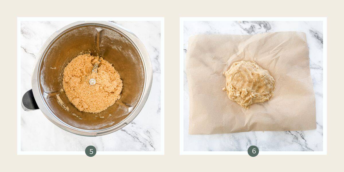 Breakfast bar dough in Thermomix bowl and then in a ball on a sheet of parchment paper.