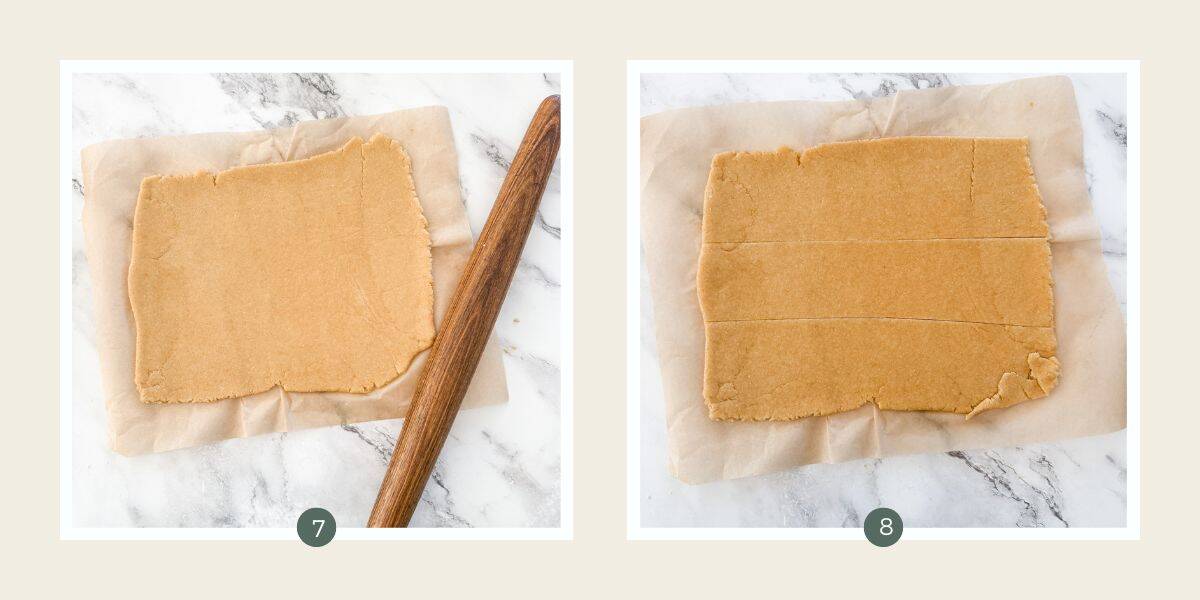 Breakfast bar dough rolled out on bench and then sliced in 3 long pieces.