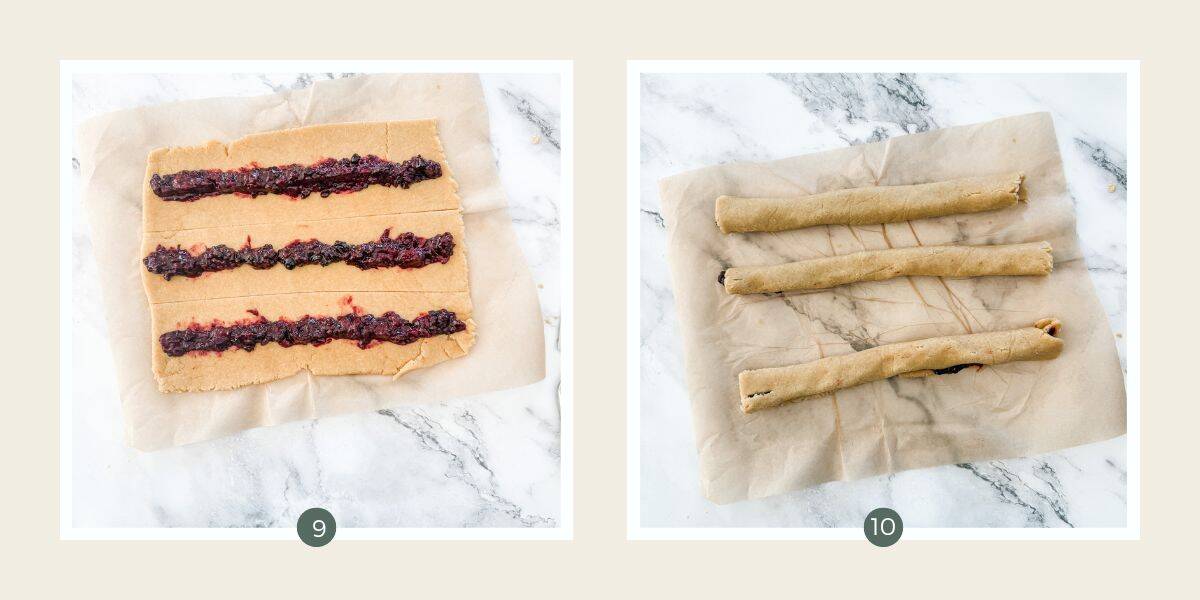 Filling lined up on Berry Breakfast bar dough & then rolled up.