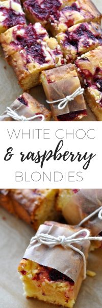 White chocolate and raspberry blondies (brownies made with white chocolate)