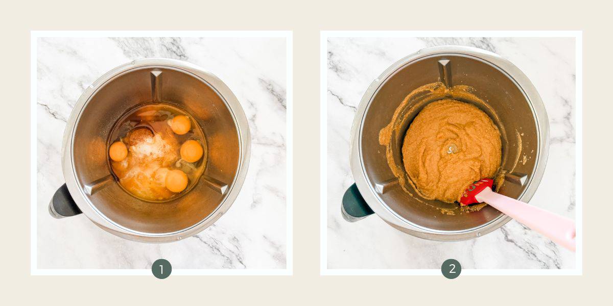 Thermomix bowl with eggs, pumpkin puree, coconut flour, honey to make gingerbread loaf. 