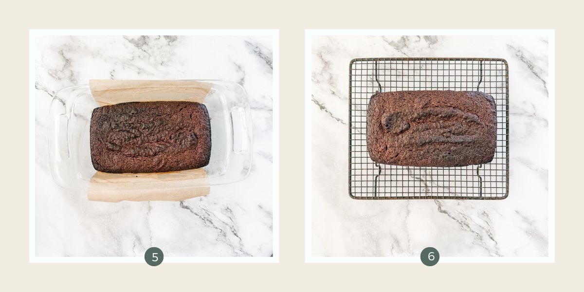 Baked gingerbread loaf cake in tin and on wire rack cooling. 