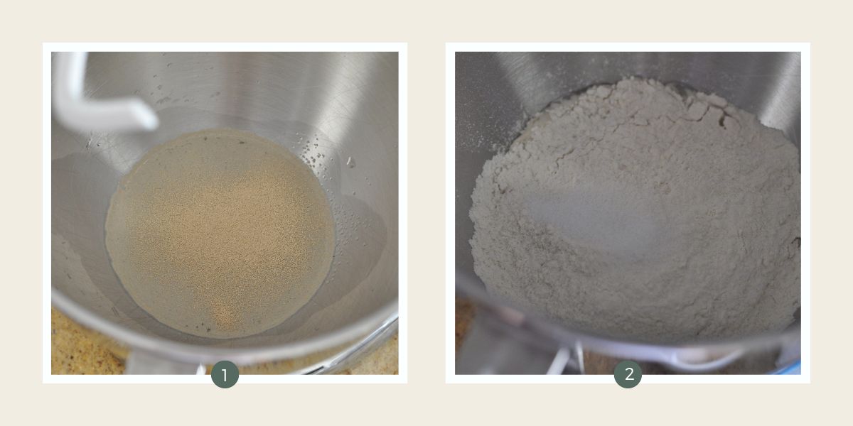 Yeast and water in stainless steel mixing bowl and with flour added. 