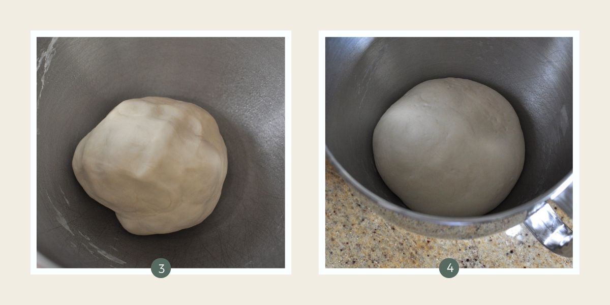 Ball of Turkish Bread dough in stainless steel mixing bowl. 