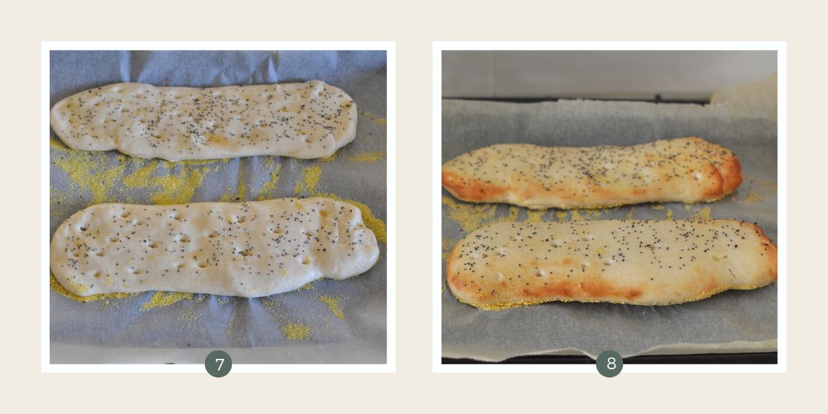 Two loaves of Turkish bread unbaked and baked on lined baking tray. 