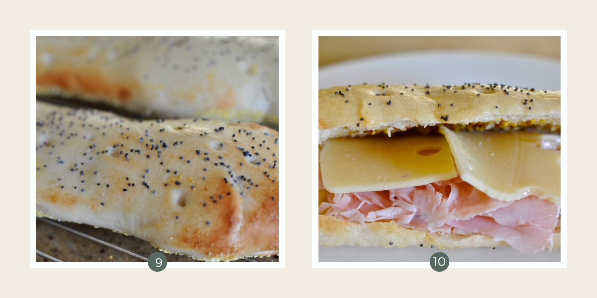 Baked loaf of Turkish bread and cut and filled with cheese and ham. 