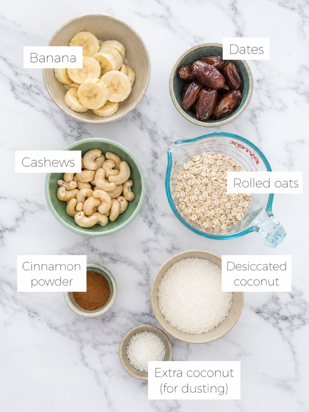Bowl of chopped banana, oats, cashews, coconut, dates and cinnamon to make Banana Bread Bliss balls.