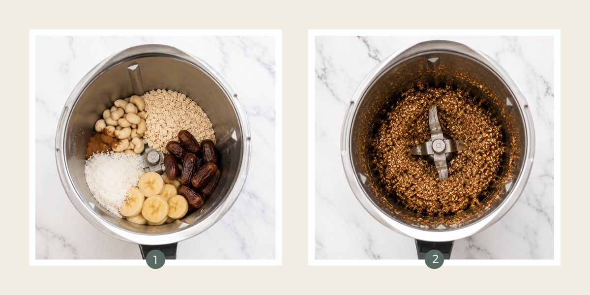 Making banana bread bliss balls ingredients in a Thermomix bowl.