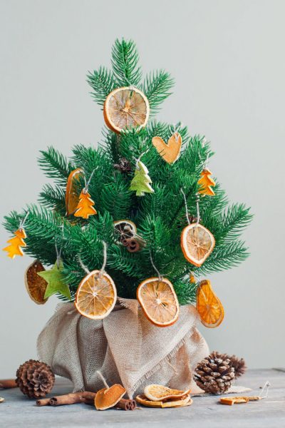 Dried orange slices on a mini Christmas tre