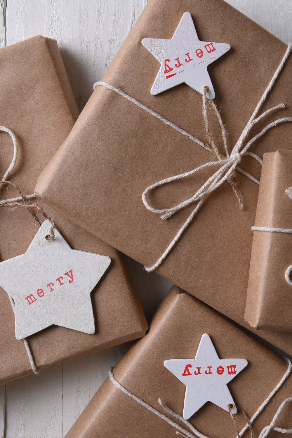 Salt dough tags added to brown paper wrapped gifts