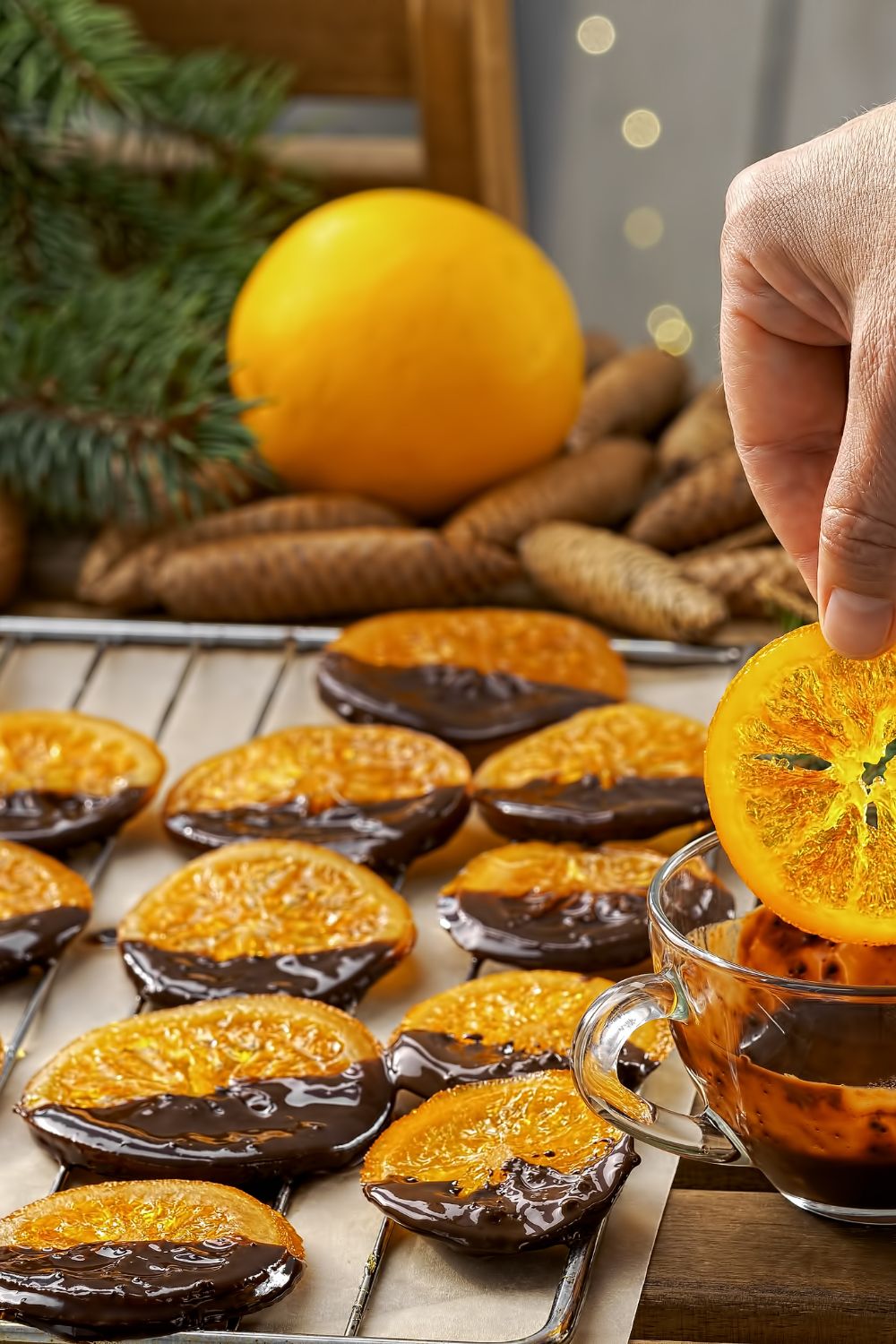 Dried oranges dipped in chocolate