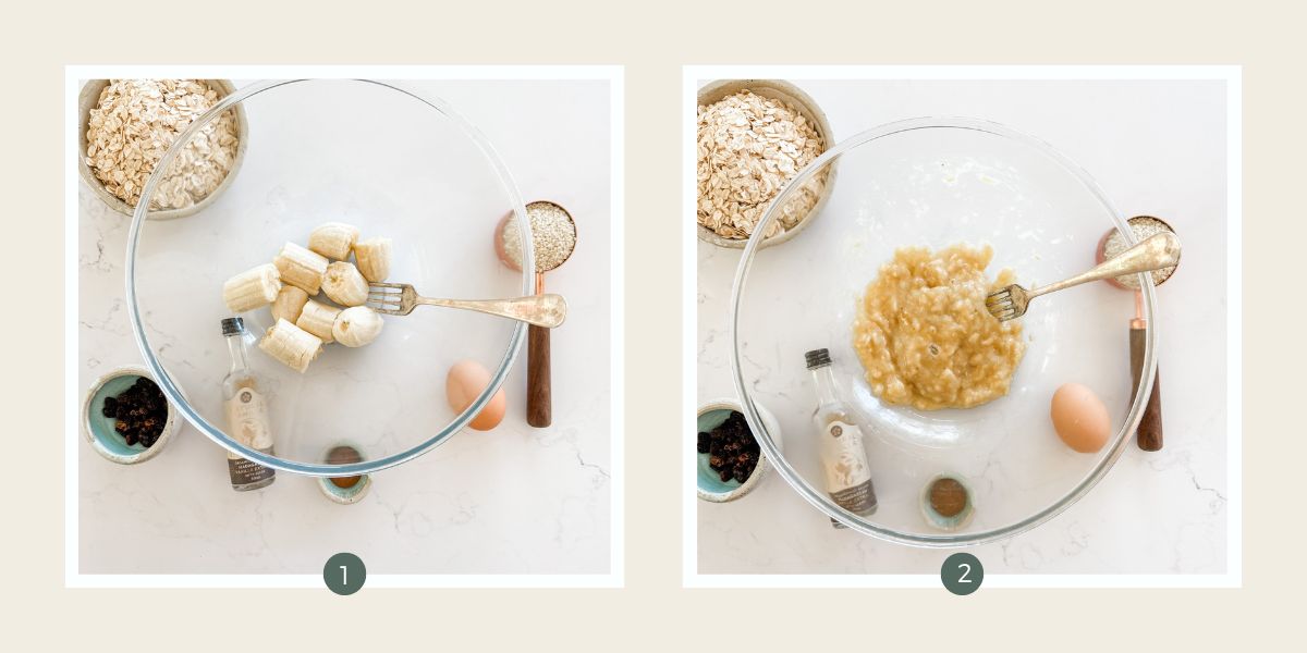 Banana in a large clear mixing bowl being mashed for Banana Muesli Bars. 