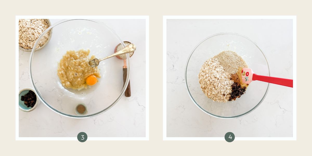 Adding egg to large clear bowl of mashed banana then adding rolled oats, dried fruit and seeds to make banana muesli bars.